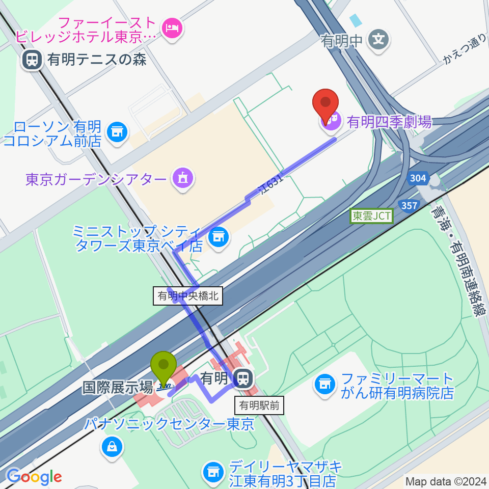 国際展示場駅から有明四季劇場へのルートマップ地図