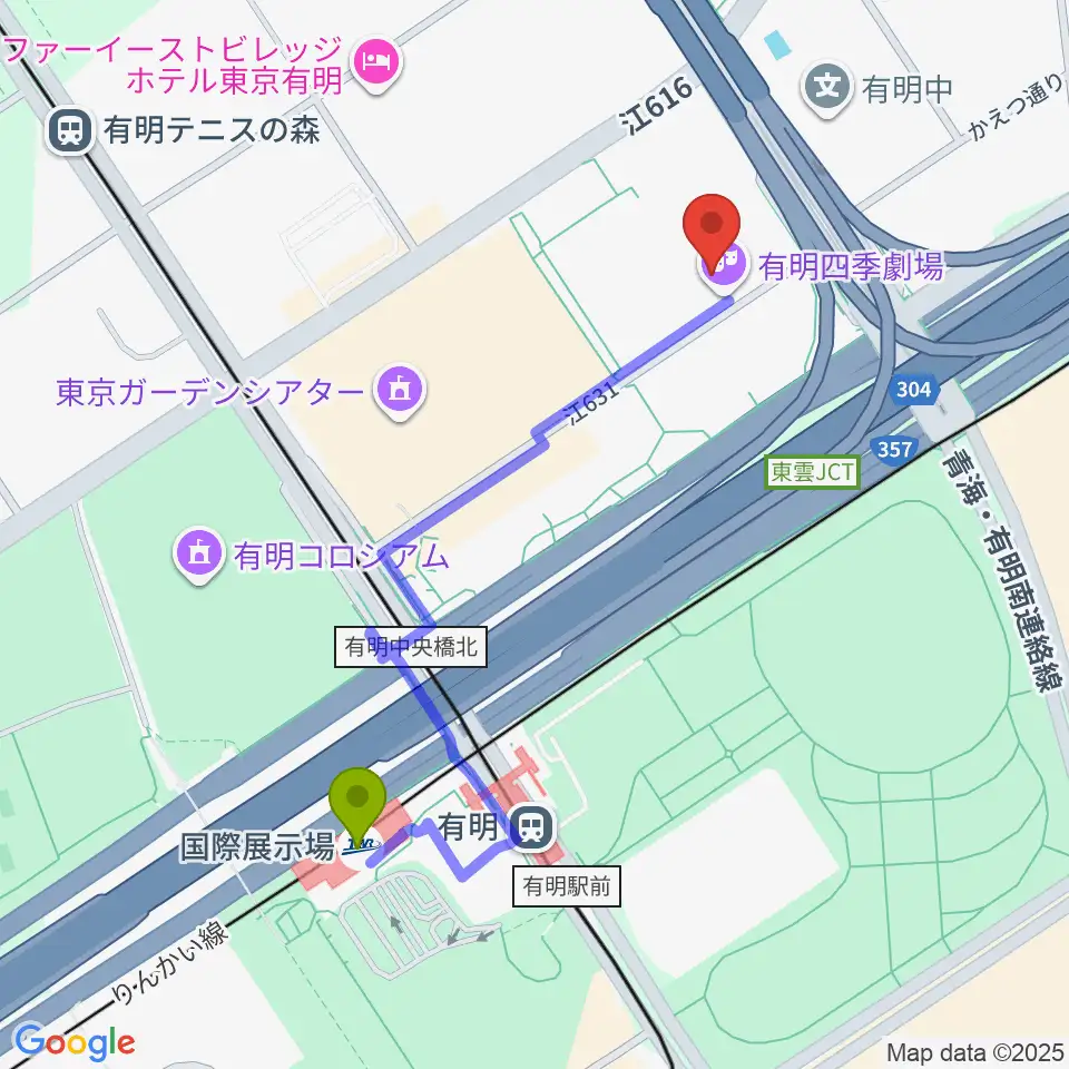 国際展示場駅から有明四季劇場へのルートマップ地図