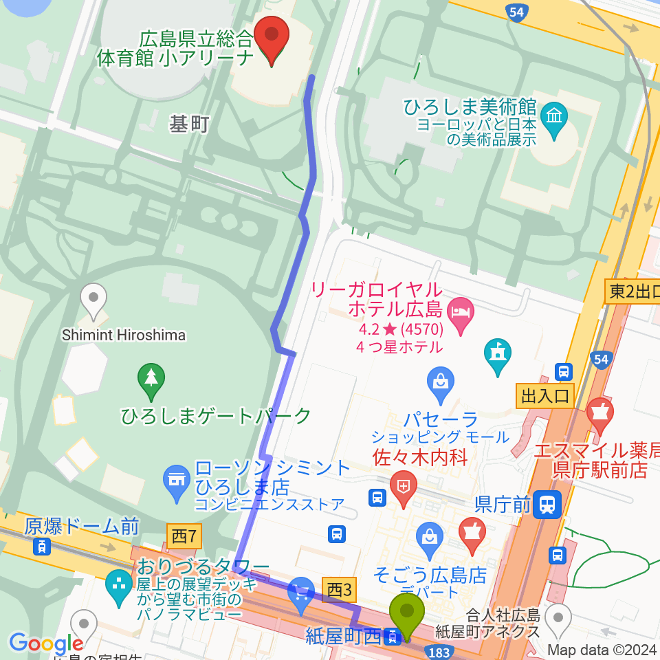 紙屋町西駅から広島県立総合体育館へのルートマップ地図