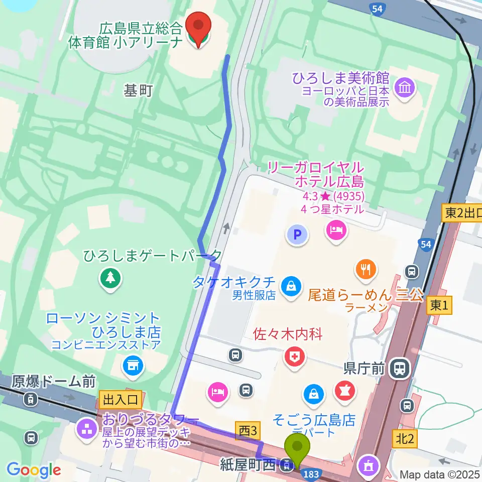 紙屋町西駅から広島県立総合体育館へのルートマップ地図