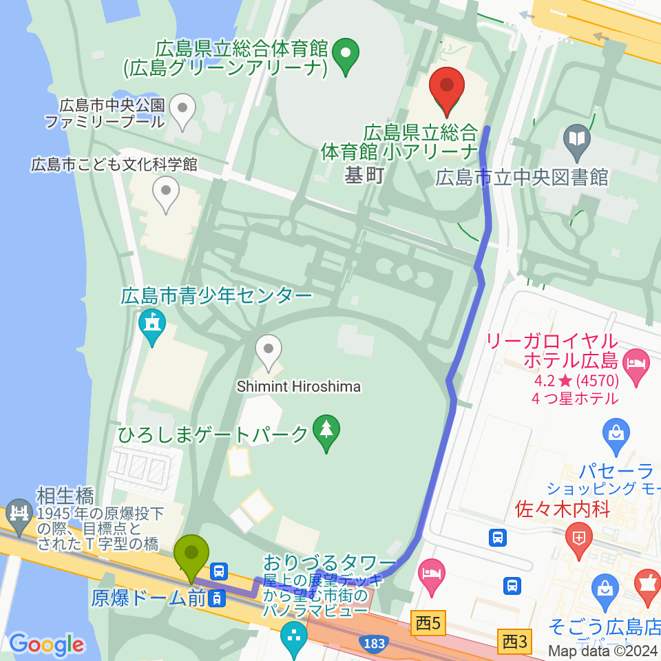 原爆ドーム前駅から広島県立総合体育館へのルートマップ地図