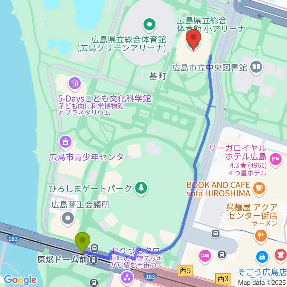 原爆ドーム前駅から広島県立総合体育館へのルートマップ地図