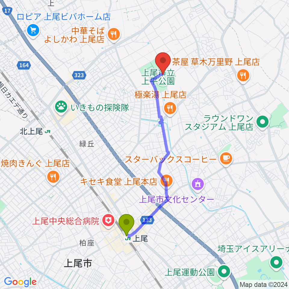 上尾駅からUDトラックス上尾スタジアムへのルートマップ地図