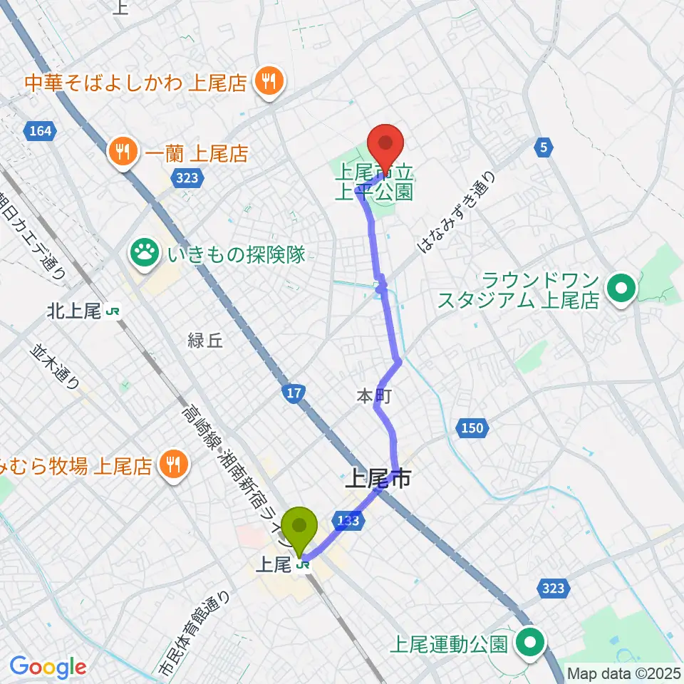 上尾駅からUDトラックス上尾スタジアムへのルートマップ地図
