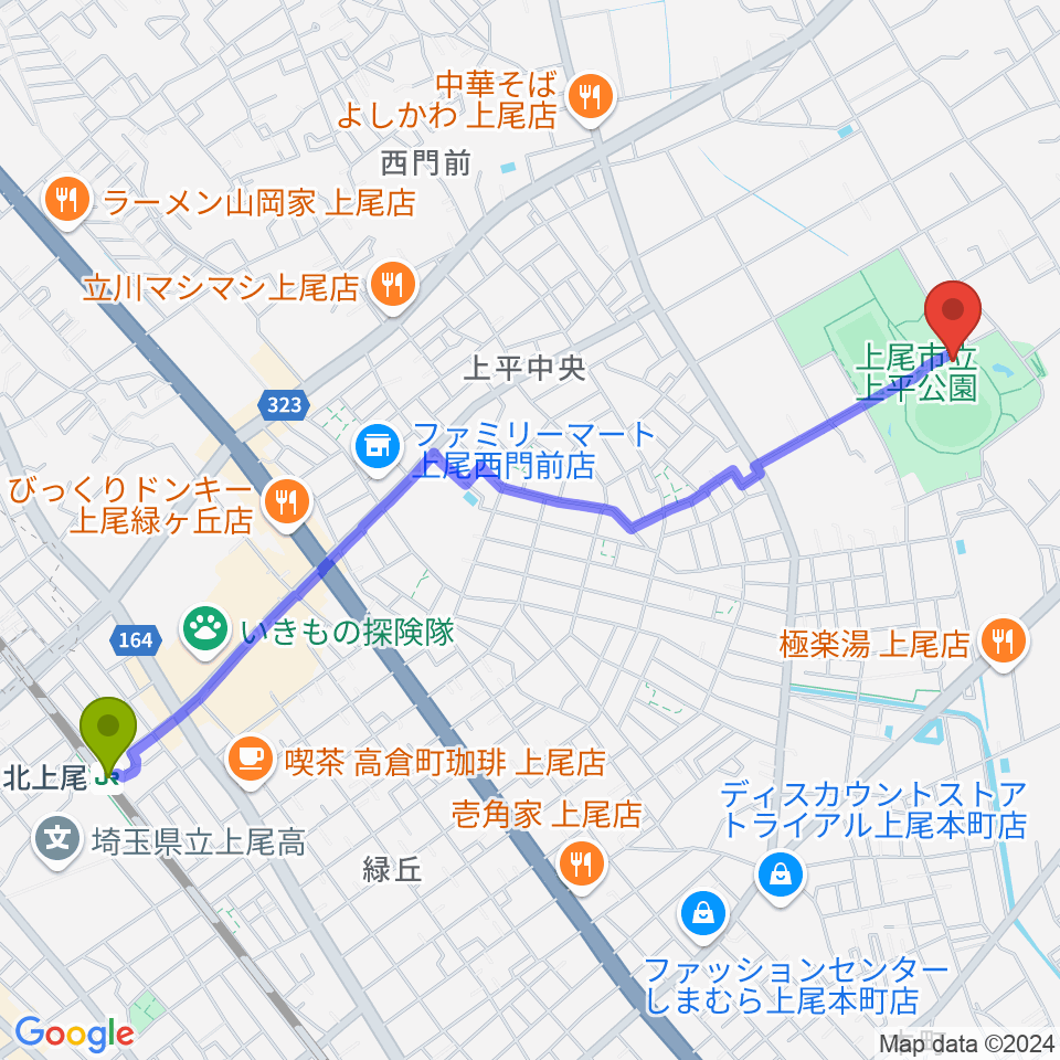 UDトラックス上尾スタジアムの最寄駅北上尾駅からの徒歩ルート（約27分）地図