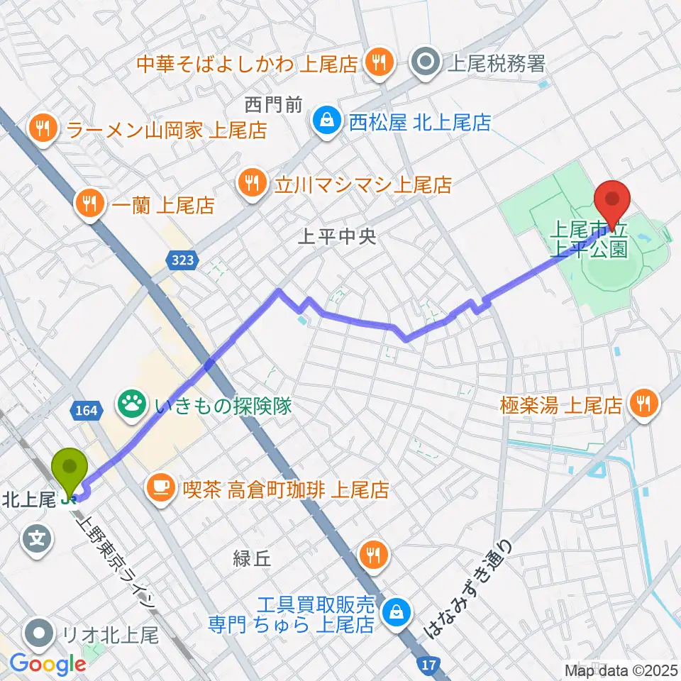 UDトラックス上尾スタジアムの最寄駅北上尾駅からの徒歩ルート（約27分）地図