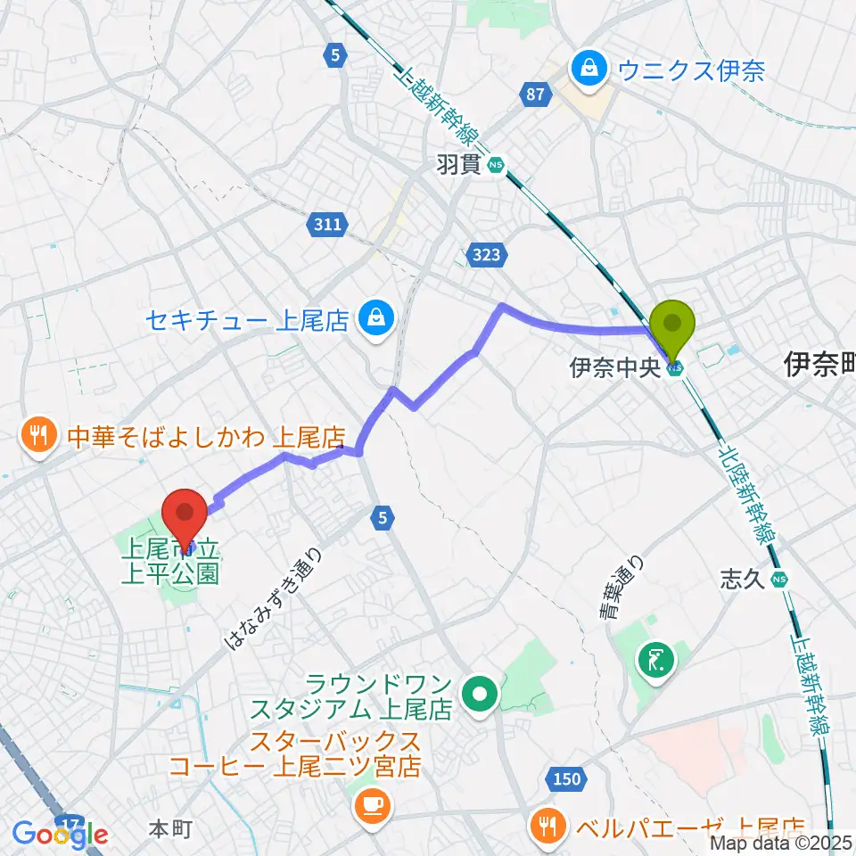 伊奈中央駅からUDトラックス上尾スタジアムへのルートマップ地図
