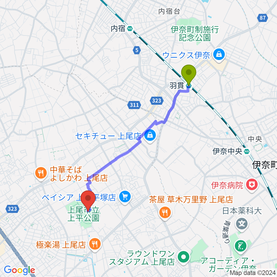 羽貫駅からUDトラックス上尾スタジアムへのルートマップ地図