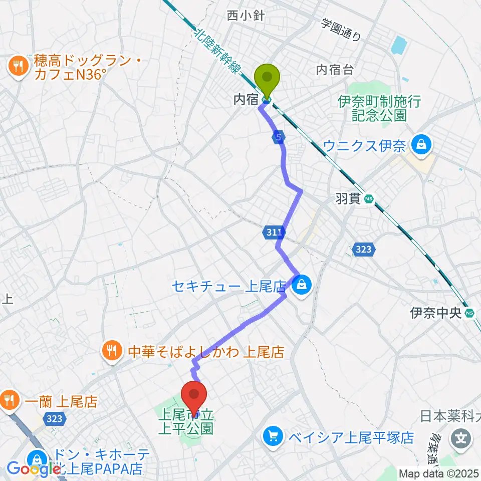 内宿駅からUDトラックス上尾スタジアムへのルートマップ地図