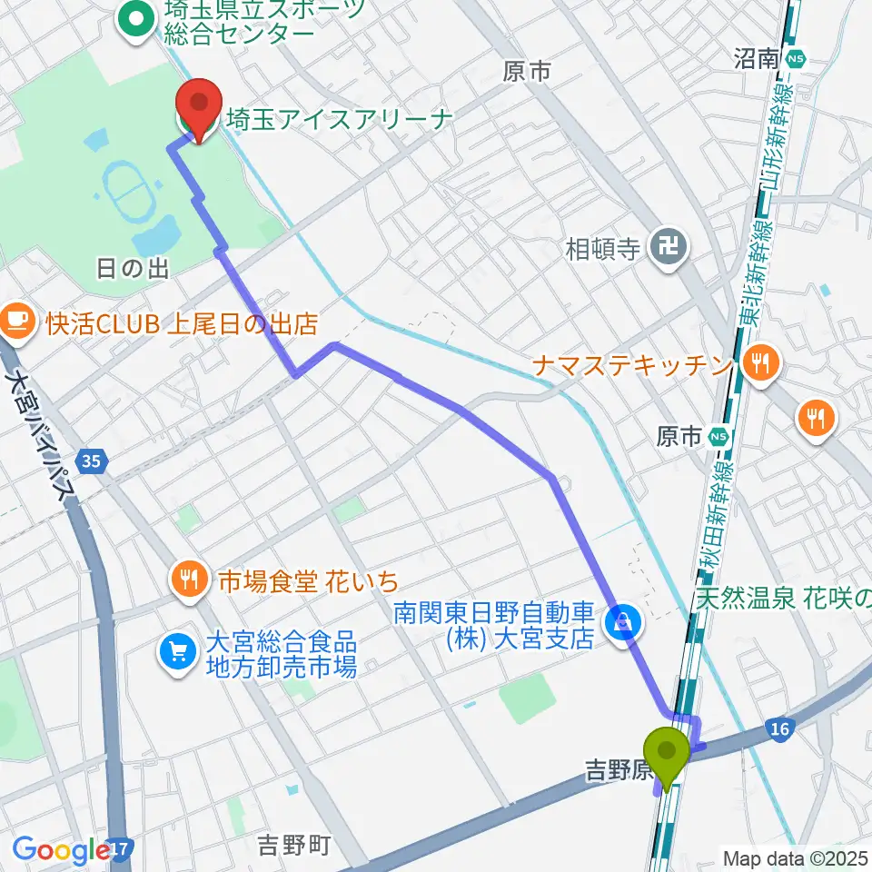 吉野原駅から埼玉アイスアリーナへのルートマップ地図