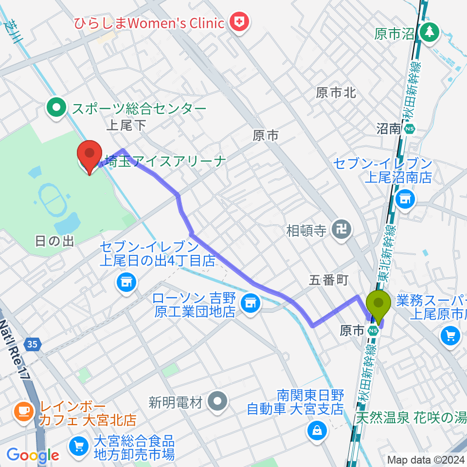 原市駅から埼玉アイスアリーナへのルートマップ地図