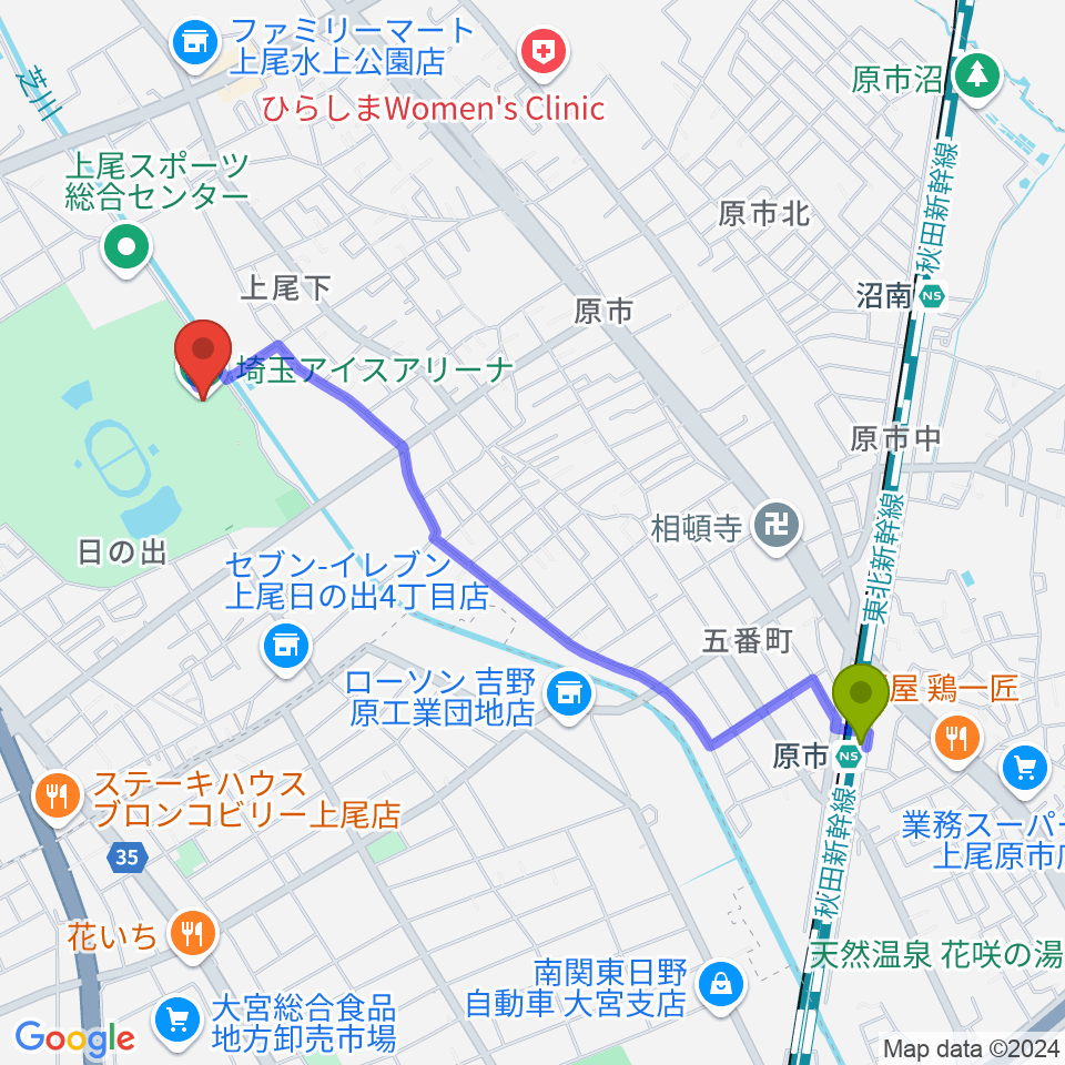 原市駅から埼玉アイスアリーナへのルートマップ地図