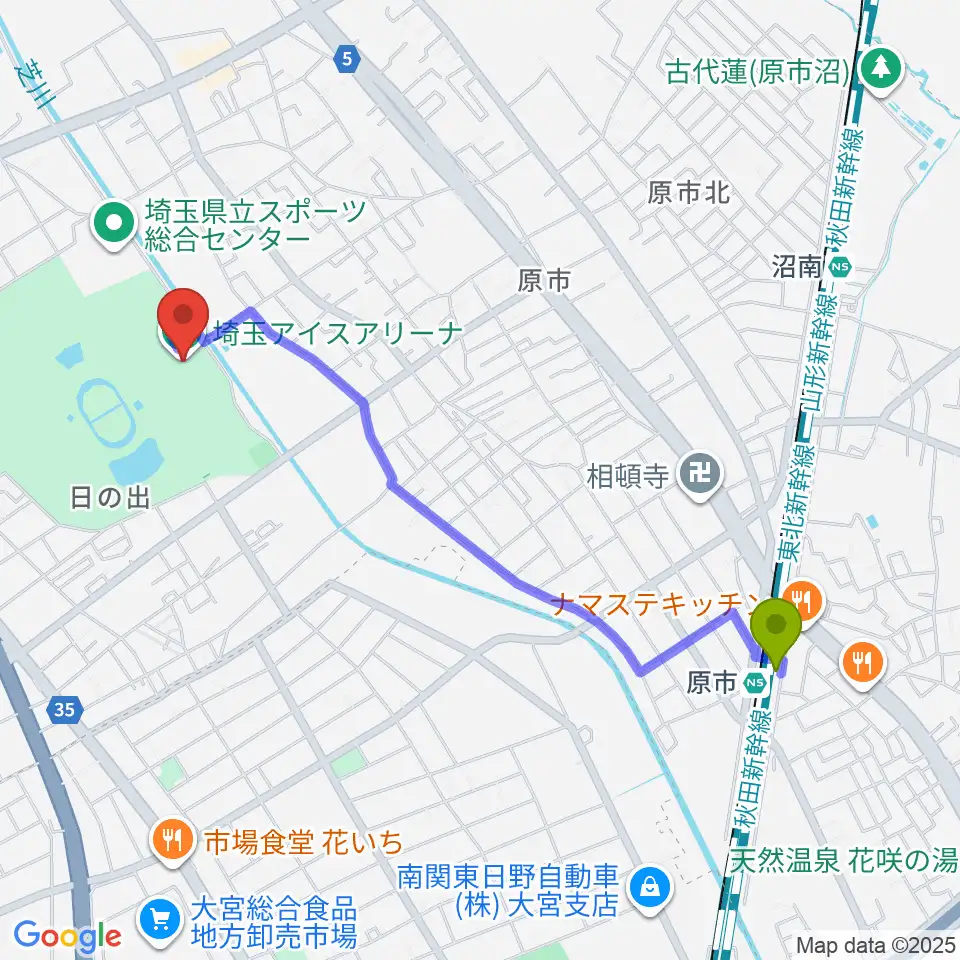 原市駅から埼玉アイスアリーナへのルートマップ地図