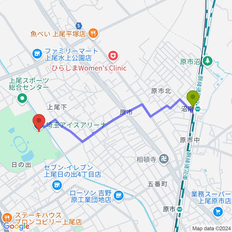 埼玉アイスアリーナの最寄駅沼南駅からの徒歩ルート（約21分）地図