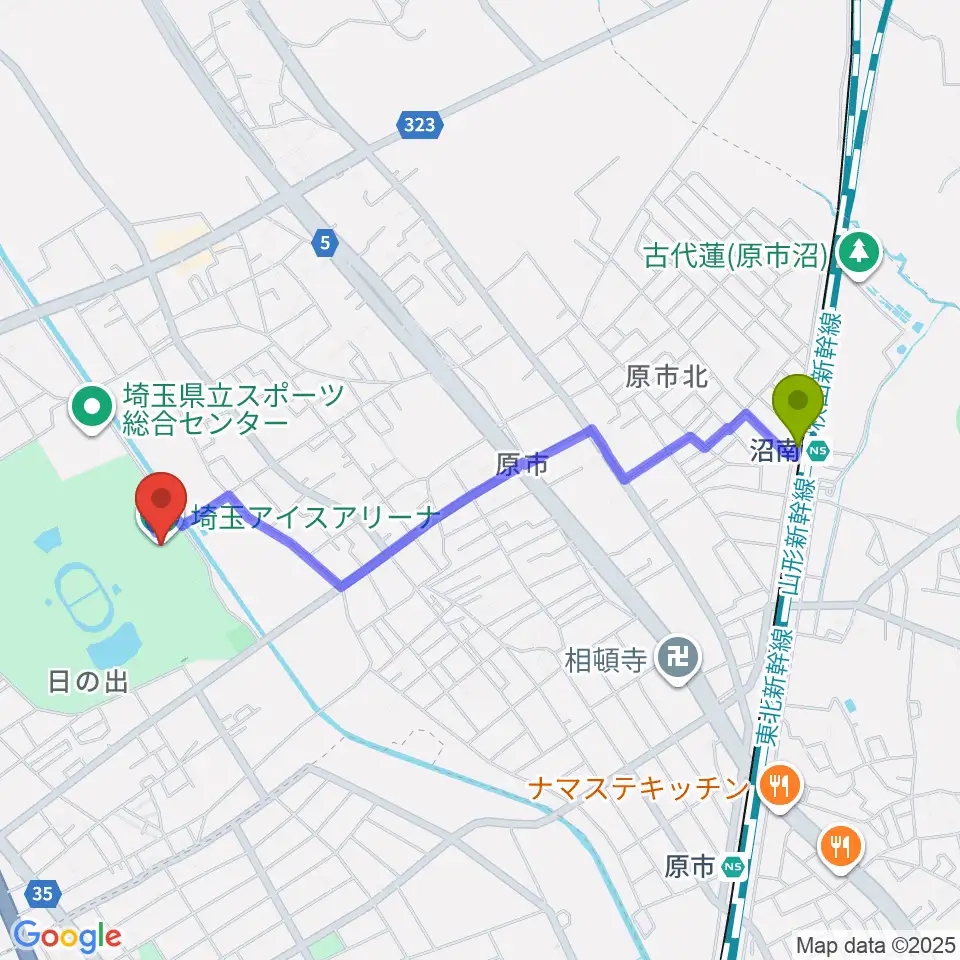 埼玉アイスアリーナの最寄駅沼南駅からの徒歩ルート（約21分）地図