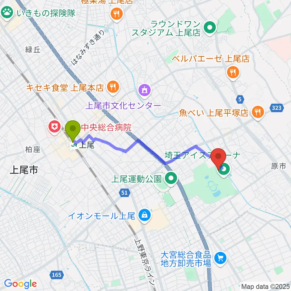 上尾駅から埼玉県立武道館へのルートマップ地図