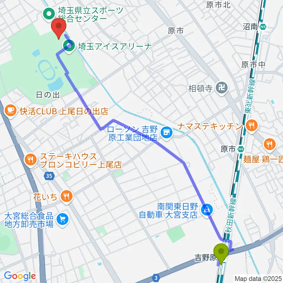 吉野原駅から埼玉県立武道館へのルートマップ地図