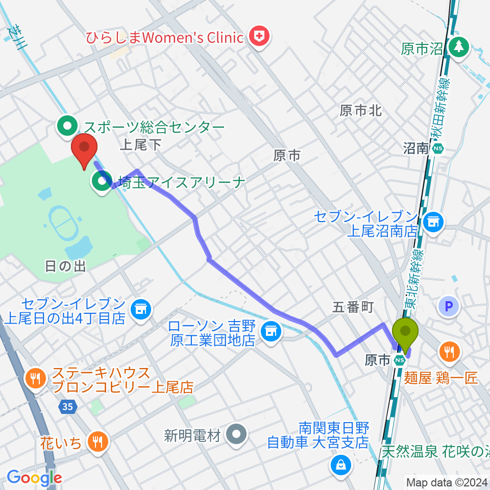 原市駅から埼玉県立武道館へのルートマップ地図