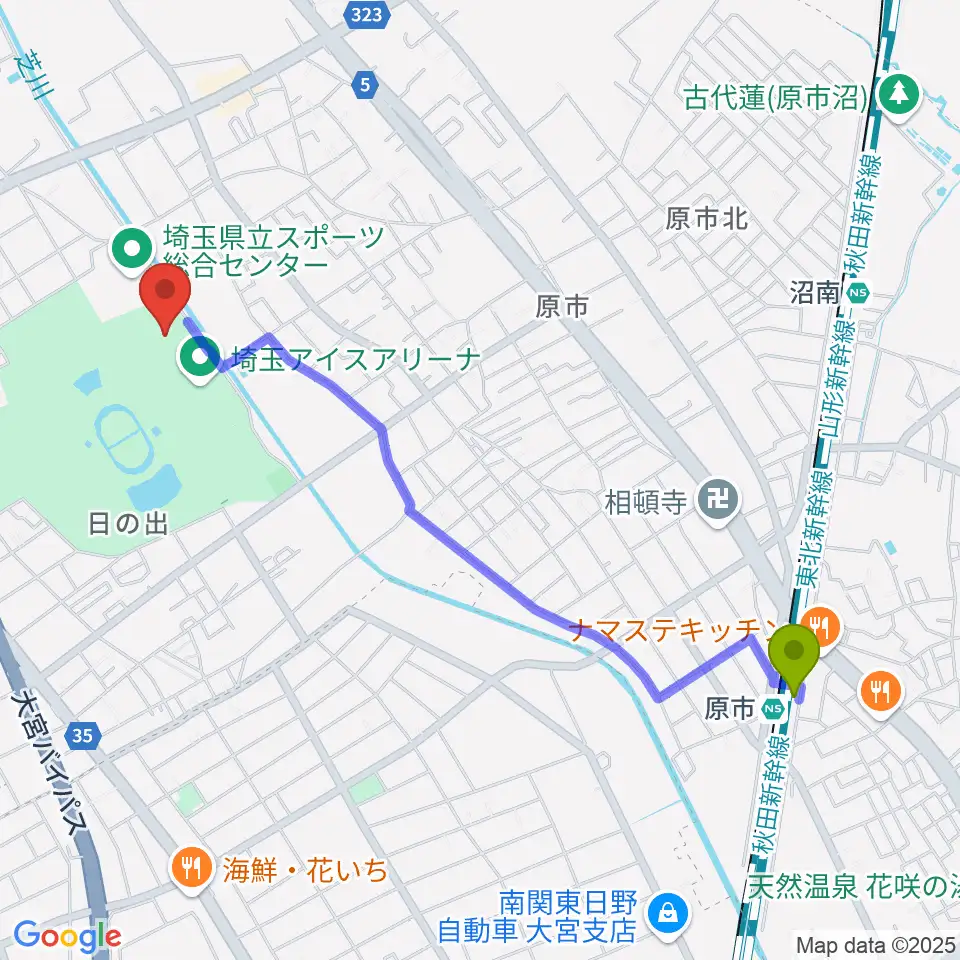 原市駅からリプロ武道館へのルートマップ地図