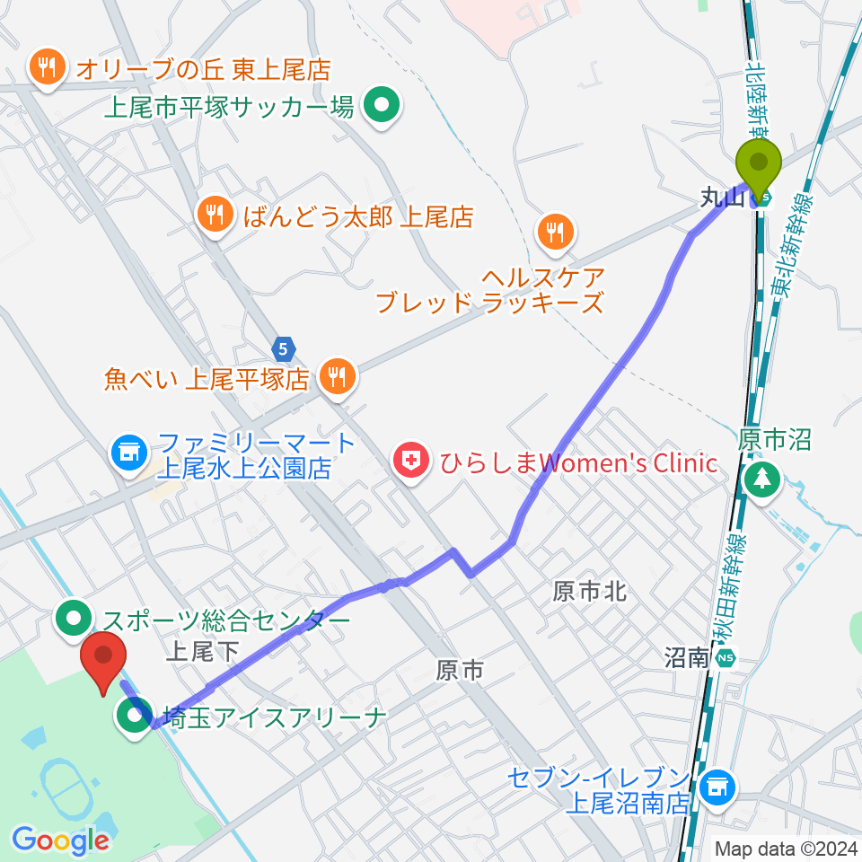 丸山駅から埼玉県立武道館へのルートマップ地図