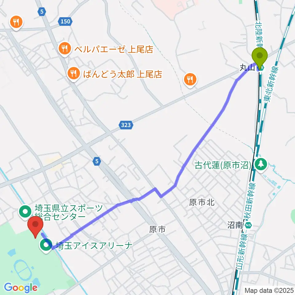 丸山駅からリプロ武道館へのルートマップ地図