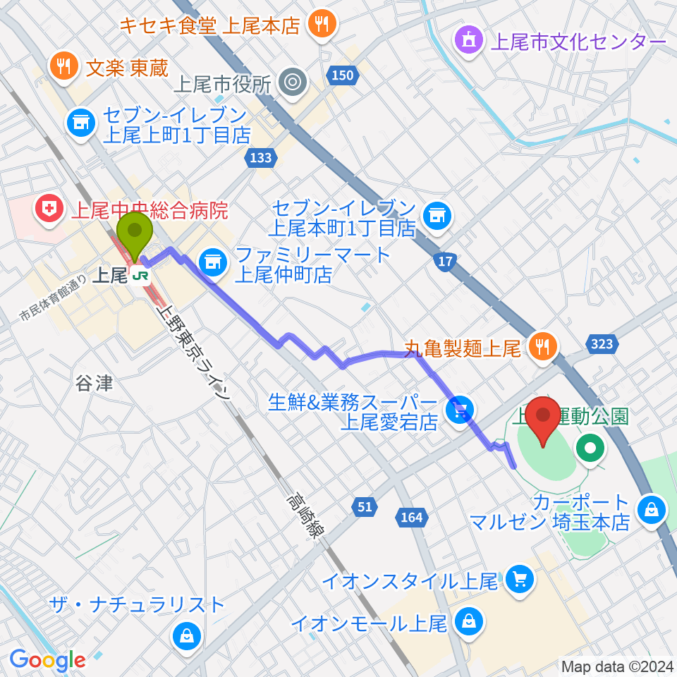 上尾運動公園陸上競技場の最寄駅上尾駅からの徒歩ルート（約21分）地図