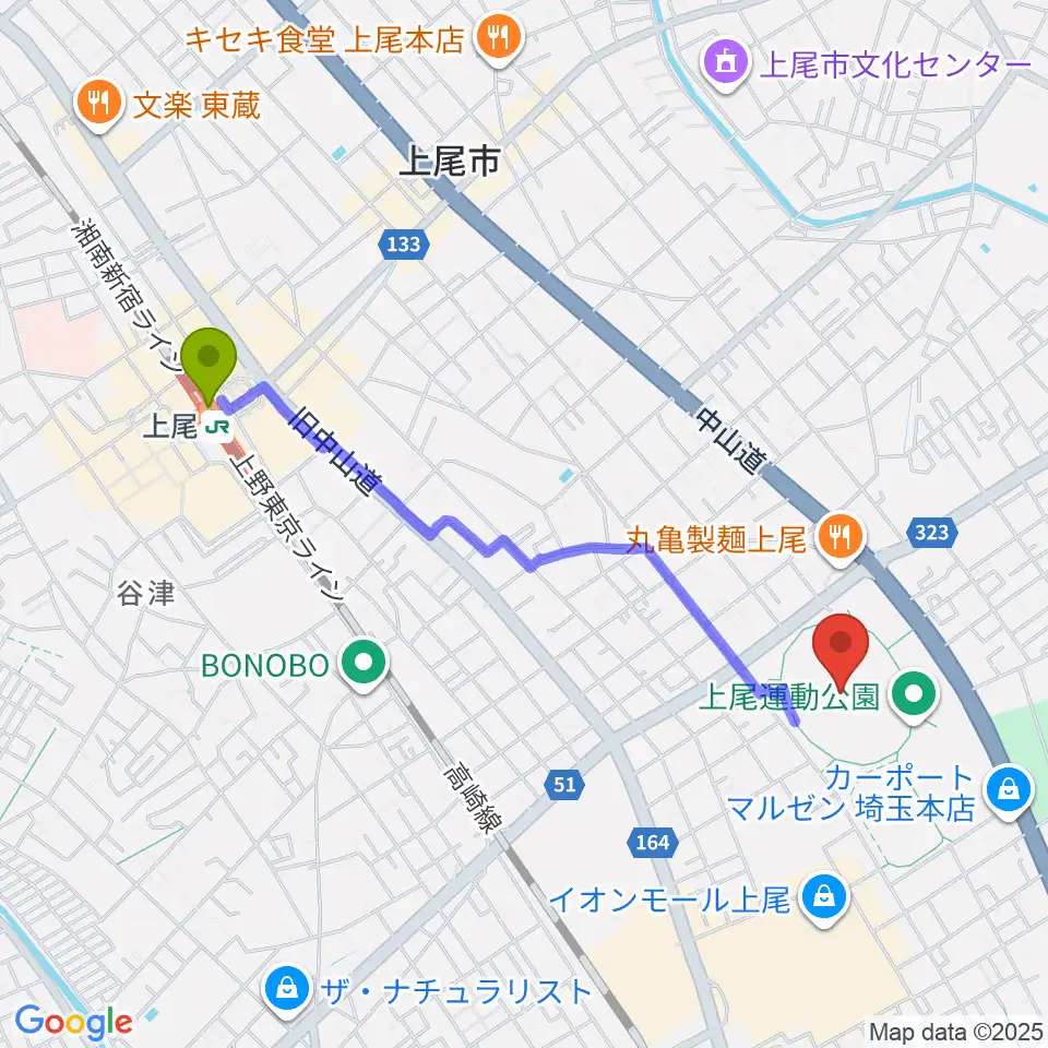 上尾運動公園陸上競技場の最寄駅上尾駅からの徒歩ルート（約21分）地図