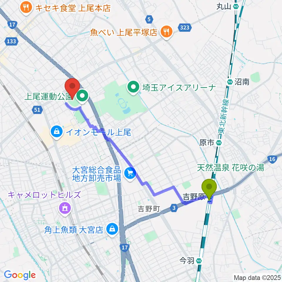 吉野原駅から上尾運動公園陸上競技場へのルートマップ地図