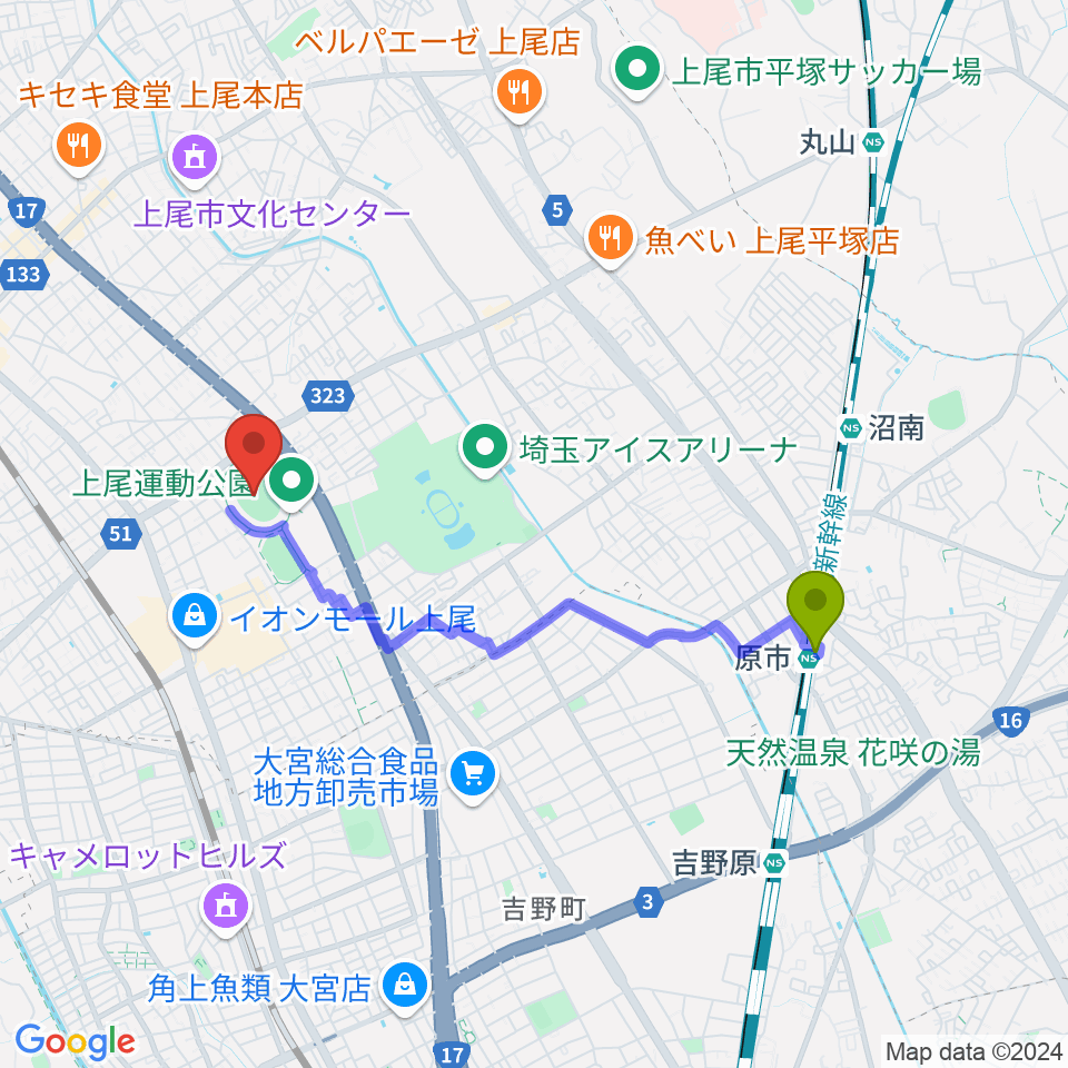 原市駅から上尾運動公園陸上競技場へのルートマップ地図