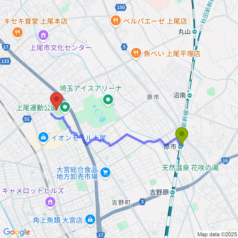 原市駅から上尾運動公園陸上競技場へのルートマップ地図