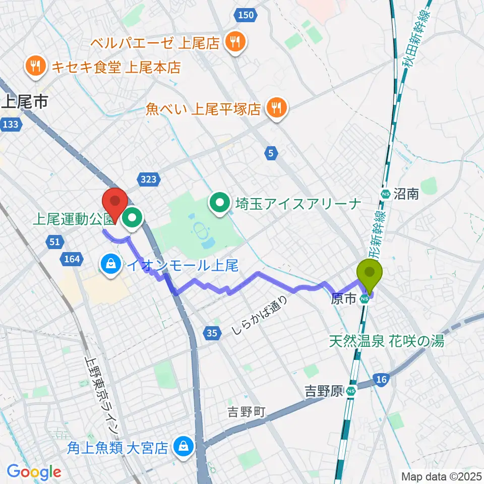 原市駅から上尾運動公園陸上競技場へのルートマップ地図