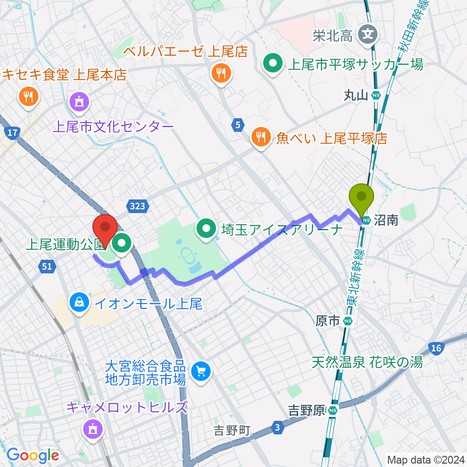 沼南駅から上尾運動公園陸上競技場へのルートマップ地図