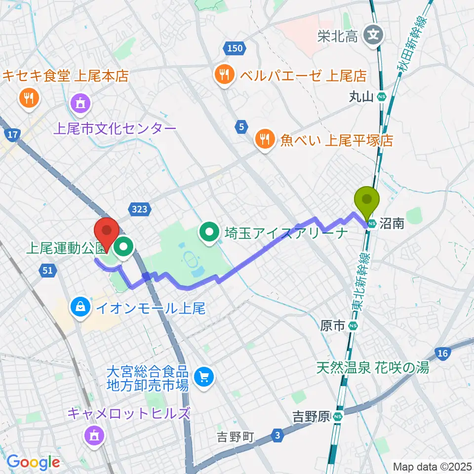 沼南駅から上尾運動公園陸上競技場へのルートマップ地図