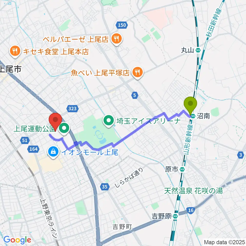 沼南駅から上尾運動公園陸上競技場へのルートマップ地図