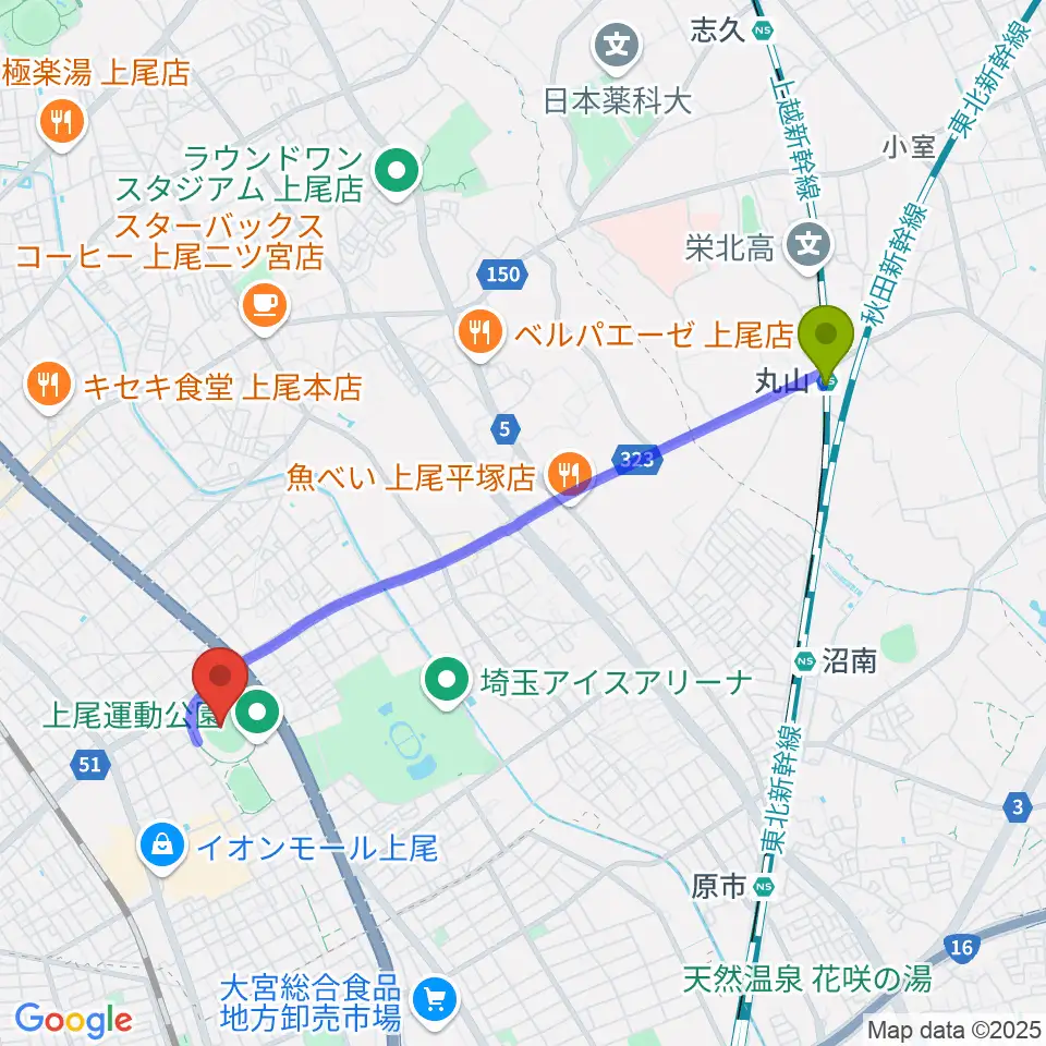 丸山駅から上尾運動公園陸上競技場へのルートマップ地図