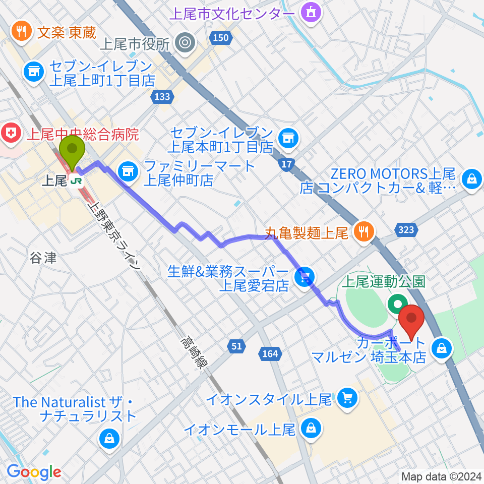 上尾運動公園体育館の最寄駅上尾駅からの徒歩ルート（約24分）地図