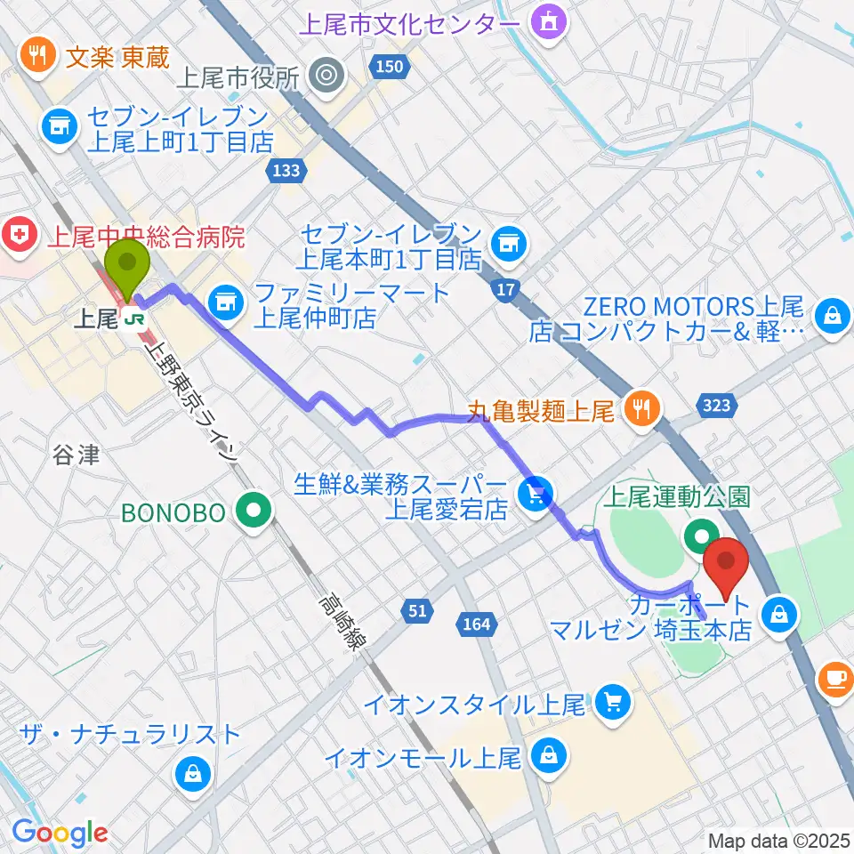 上尾運動公園体育館の最寄駅上尾駅からの徒歩ルート（約24分）地図