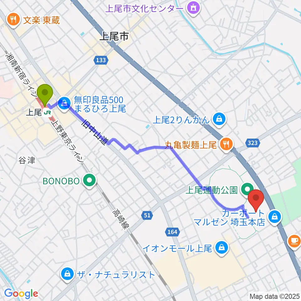 上尾運動公園体育館の最寄駅上尾駅からの徒歩ルート（約24分）地図