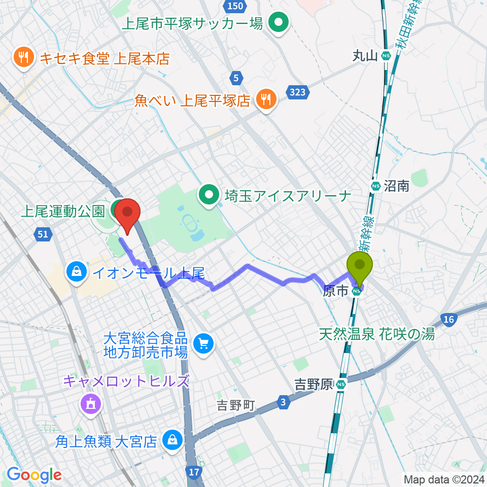 原市駅から上尾運動公園体育館へのルートマップ地図