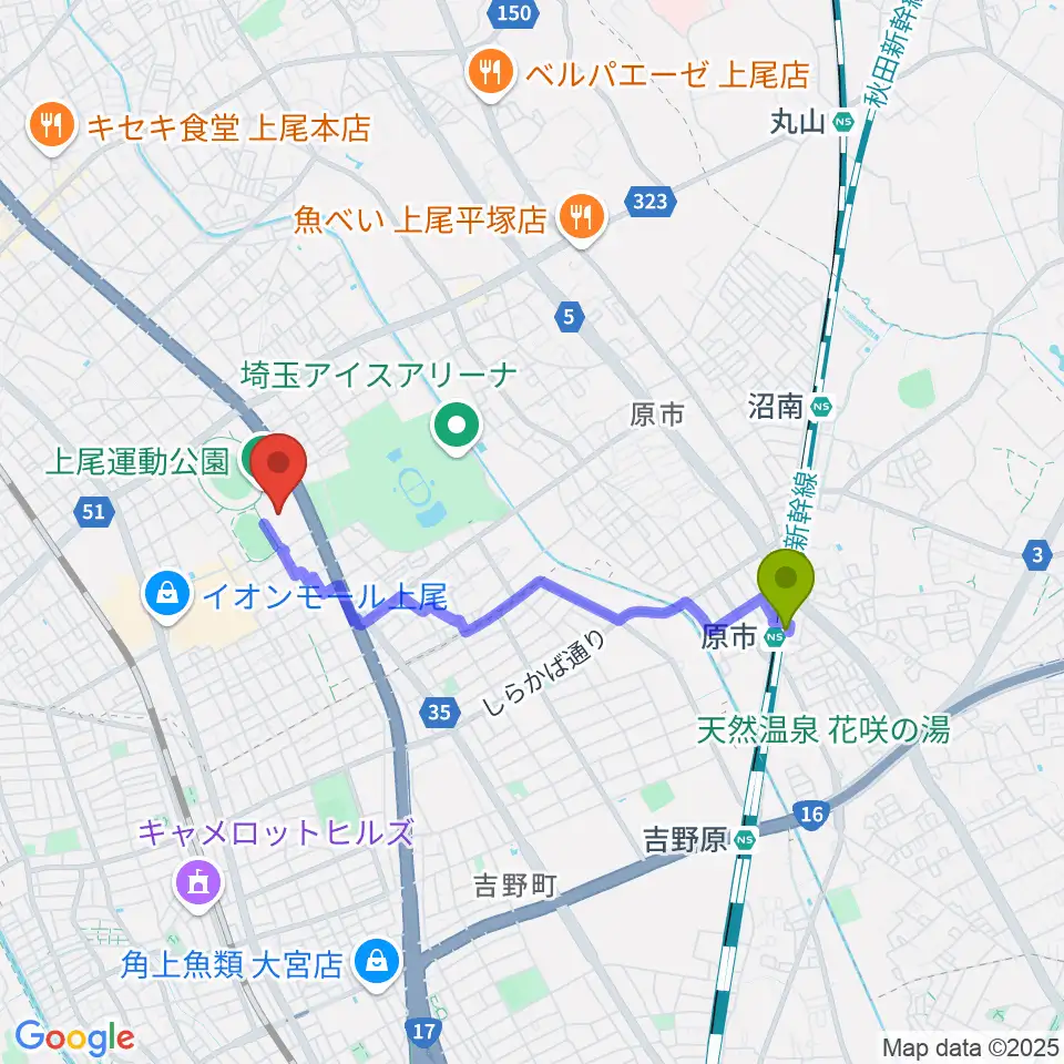 原市駅から上尾運動公園体育館へのルートマップ地図