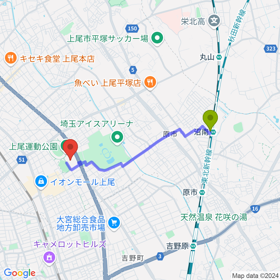 沼南駅から上尾運動公園体育館へのルートマップ地図