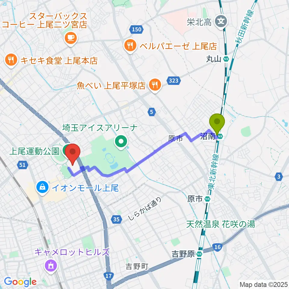 沼南駅から上尾運動公園体育館へのルートマップ地図