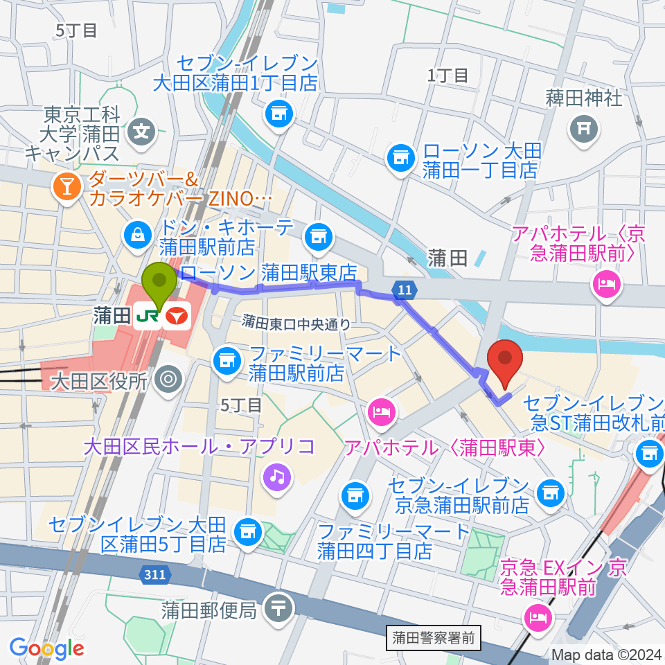 蒲田駅からスタジオポハサへのルートマップ地図