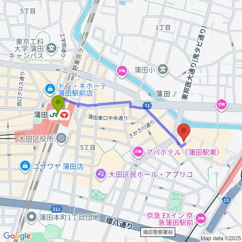 蒲田駅からスタジオポハサへのルートマップ地図