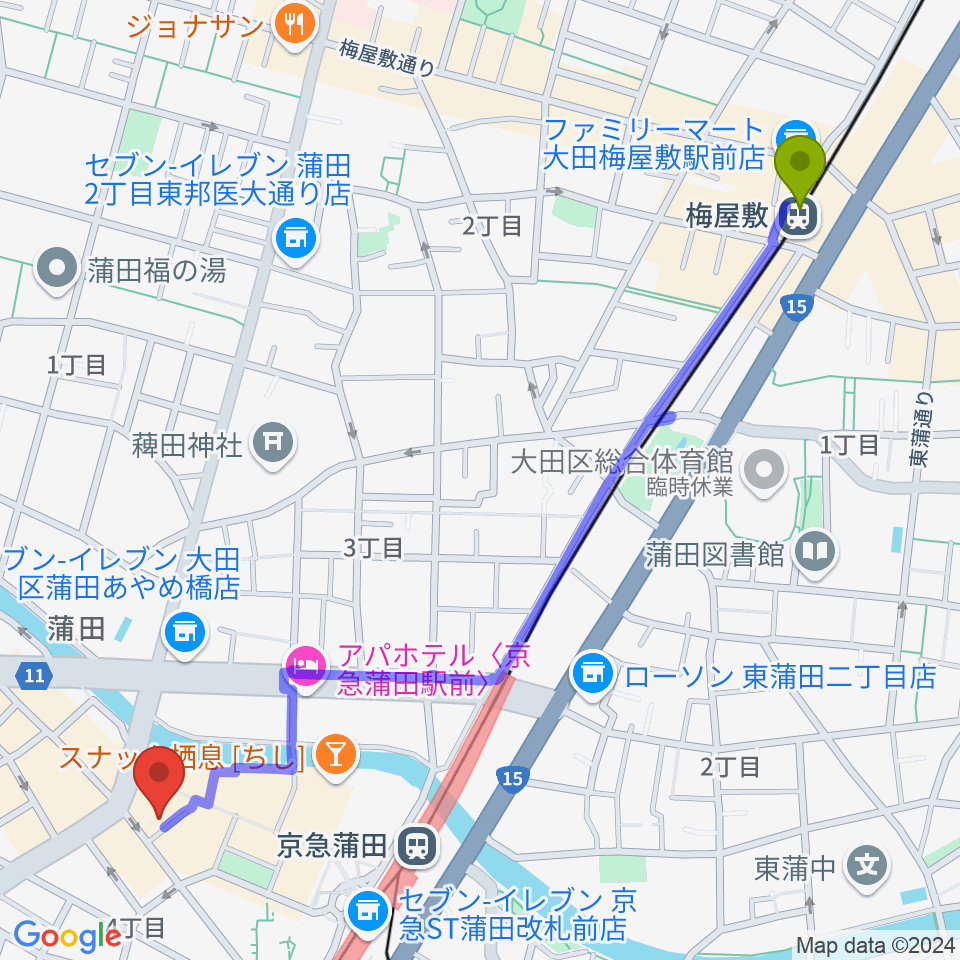 梅屋敷駅からスタジオポハサへのルートマップ地図