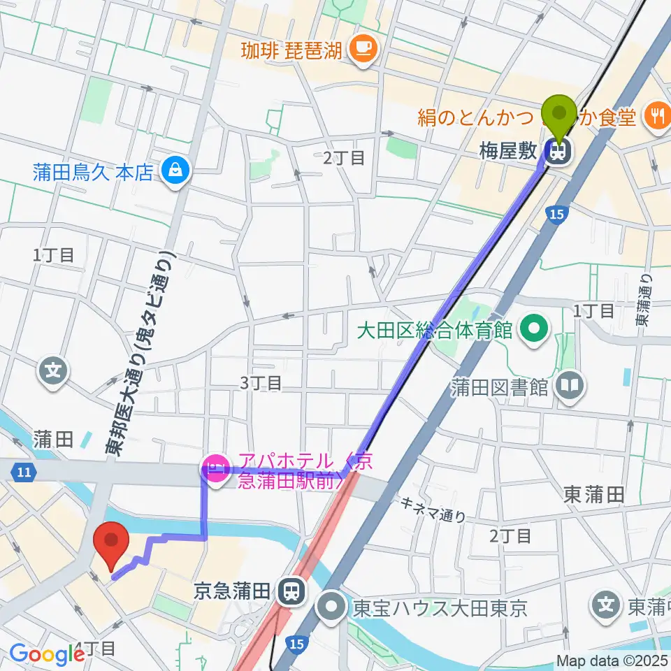 梅屋敷駅からスタジオポハサへのルートマップ地図