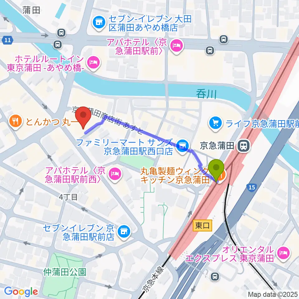 スタジオポハサの最寄駅京急蒲田駅からの徒歩ルート（約4分）地図