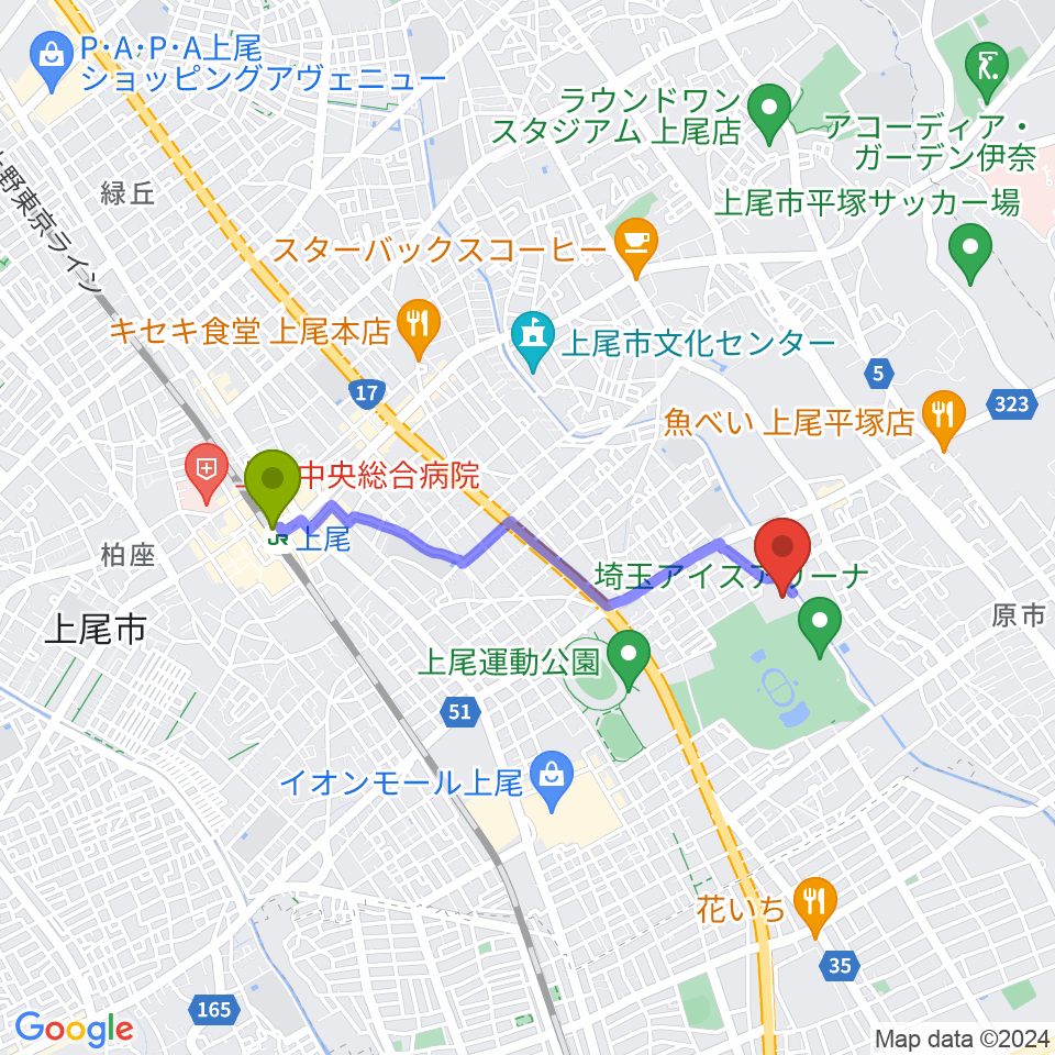 上尾駅から埼玉県立スポーツ総合センターへのルートマップ地図
