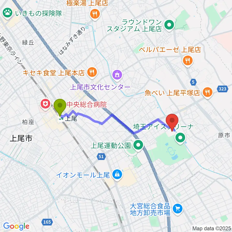 上尾駅から埼玉県立スポーツ総合センターへのルートマップ地図