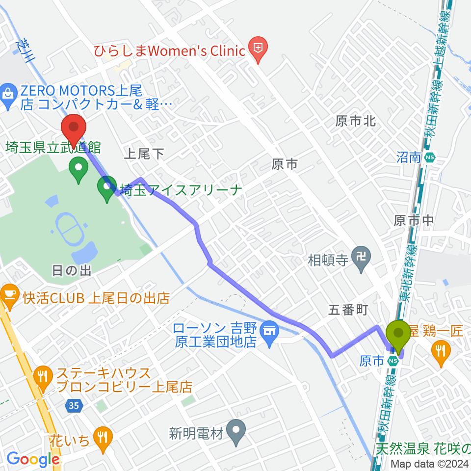 原市駅から埼玉県立スポーツ総合センターへのルートマップ地図